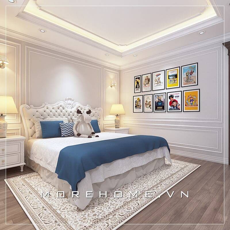 Mẫu giường ngủ chung cư cao cấp với phần khung giường được cấu tạo từ chất liệu gỗ tự nhiên đã được xử lý cẩn thận kết hợp phun sơn trắng bệt cao cấp mang lại độ chắc chắn và sang chảnh hơn